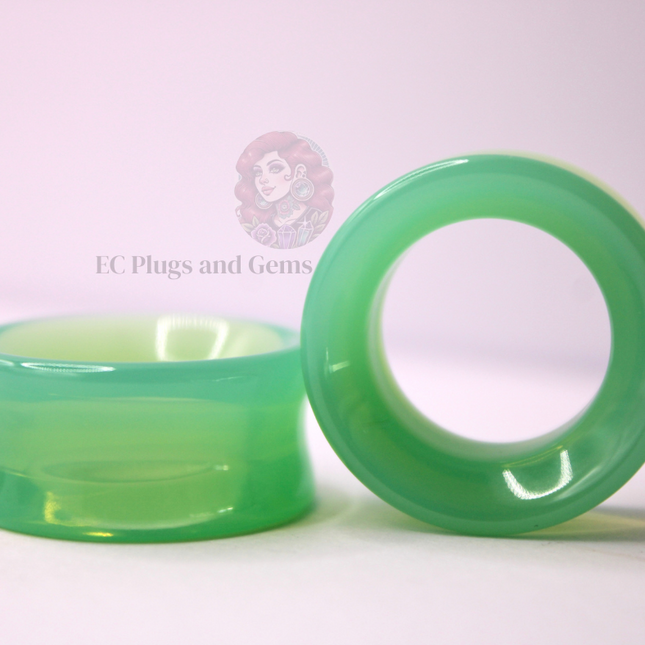 Opalite Green Glass Tunnel Plugs – Double Flare Eyelet Gauges (Pair), Luminous Green