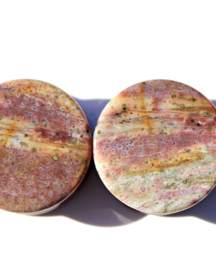 Pink and Purple Orbicular Jasper Double Flare Plugs – Natural Stone Ear Gauges Pair 