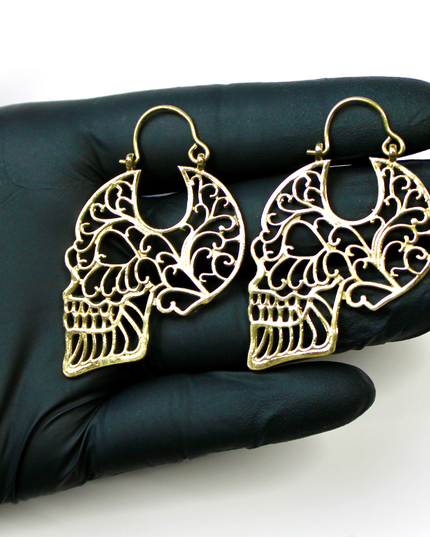 Skull Filigree Brass Earrings &amp; Hangers – Gold or Silver Tone, For Standard Piercings or Stretched Ears