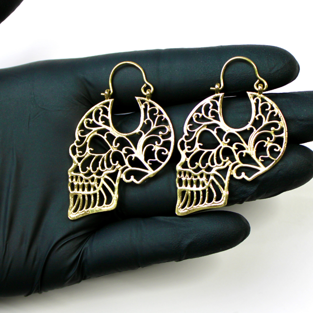 Skull Filigree Brass Earrings &amp; Hangers – Gold or Silver Tone, For Standard Piercings or Stretched Ears