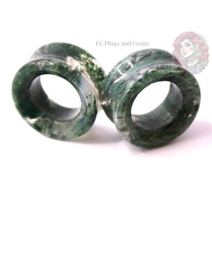 Moss Agate Double Flare Grade A Tunnel Plugs - Pair of Mossy Appearance Natural Gauges 