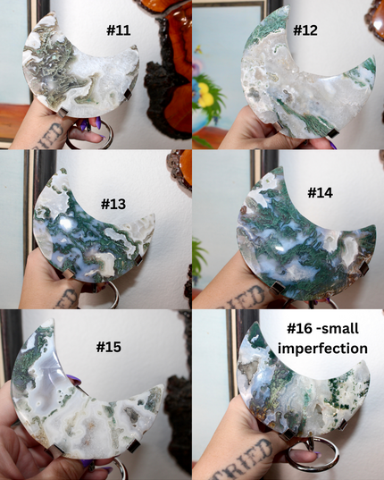 Collection of green and white moss agate stone crescent moon-shaped decorations with numbers indicating variations.