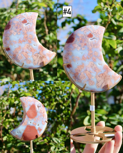 Cotton Candy Agate Moon Carvings – Pink and White Stone Moons on Gold Display Stands, Polished Agate Decorative Pieces, You Pick Your Exact Moon