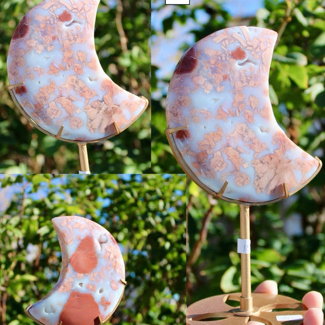 Cotton Candy Agate Moon Carvings – Pink and White Stone Moons on Gold Display Stands, Polished Agate Decorative Pieces, You Pick Your Exact Moon