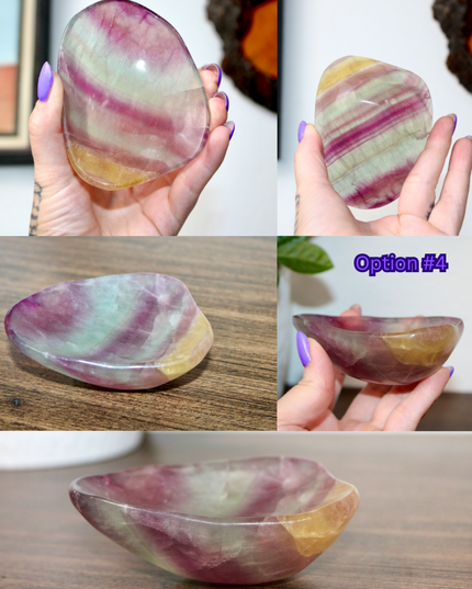This Fluorite Bowl is made from genuine natural stone and showcases the beautiful color banding and clarity typical of fluorite. Ranging from soft greens to deep purples, each bowl is uniquely patterned and polished to a smooth, glossy finish.
