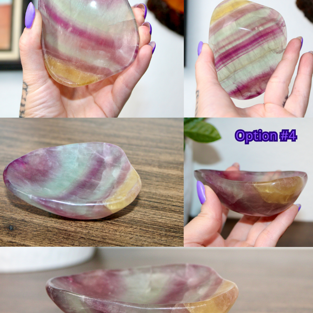 This Fluorite Bowl is made from genuine natural stone and showcases the beautiful color banding and clarity typical of fluorite. Ranging from soft greens to deep purples, each bowl is uniquely patterned and polished to a smooth, glossy finish.

