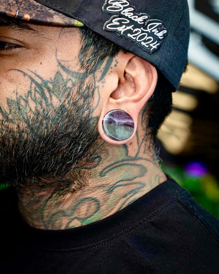 Rainbow Fluorite Stone Plugs Double Flare – Natural Crystal Gauges in Vibrant Purples & Greens 3mm-35mm- Yellow Fluorite Listed as Variation