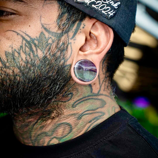 Rainbow Fluorite Stone Plugs Double Flare – Natural Crystal Gauges in Vibrant Purples & Greens 3mm-35mm- Yellow Fluorite Listed as Variation