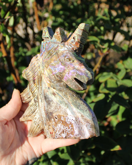 Rainbow Aura Sphalerite Unicorn Stone Carving – Polished Crystal Unicorn Display Piece