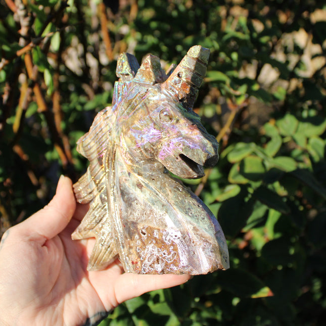 Rainbow Aura Sphalerite Unicorn Stone Carving – Polished Crystal Unicorn Display Piece