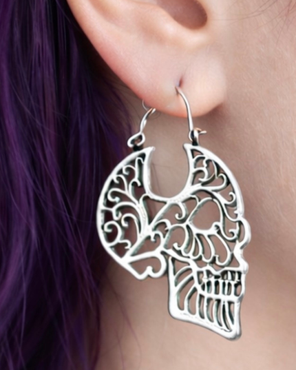Skull Filigree Brass Earrings &amp; Hangers – Gold or Silver Tone, For Standard Piercings or Stretched Ears