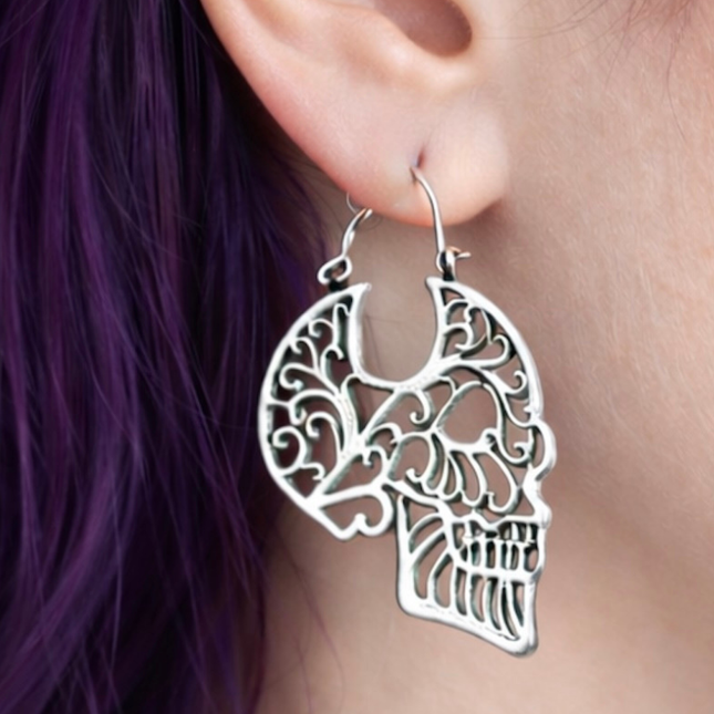 Skull Filigree Brass Earrings &amp; Hangers – Gold or Silver Tone, For Standard Piercings or Stretched Ears