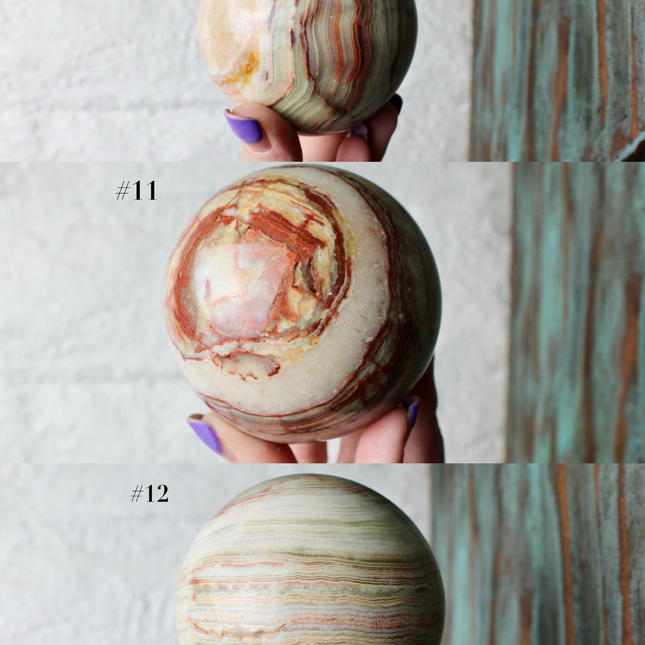 Green Onyx Sphere 75mm –Pick Your Exact Sphere, Natural Stone Decorative Sphere, Polished Green and Brown Onyx Ball for Display, Home or Office Décor