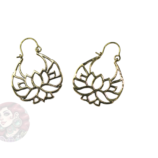 Lotus Flower Golden Brass Earrings Suitable for Standard Piercing and Stretched Ears