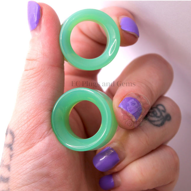 Opalite Green Glass Tunnel Plugs – Double Flare Eyelet Gauges (Pair), Luminous Green