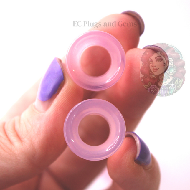 Pink Opalite Tunnel Plugs – Double Flare Crystal Eyelet Gauges (Pair), Soft Pink Iridescent Glow