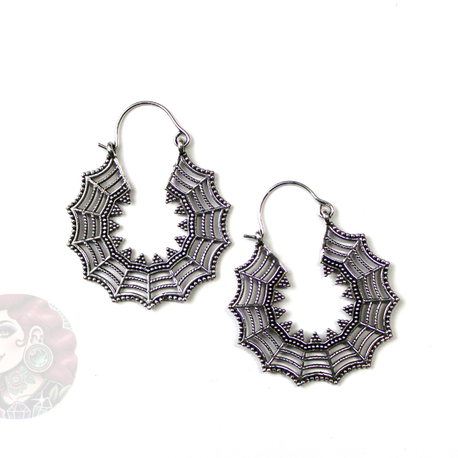 Silver Brass Spiderweb Hanger Earrings – Suitable for Standard Piercings or Stretched Ears