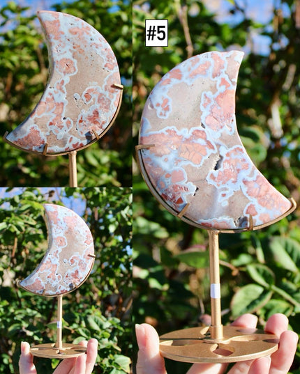 Cotton Candy Agate Moon Carvings – Pink and White Stone Moons on Gold Display Stands, Polished Agate Decorative Pieces, You Pick Your Exact Moon