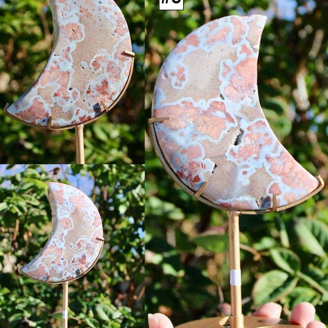 Cotton Candy Agate Moon Carvings – Pink and White Stone Moons on Gold Display Stands, Polished Agate Decorative Pieces, You Pick Your Exact Moon