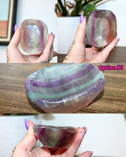 This Fluorite Bowl is made from genuine natural stone and showcases the beautiful color banding and clarity typical of fluorite. Ranging from soft greens to deep purples, each bowl is uniquely patterned and polished to a smooth, glossy finish.
