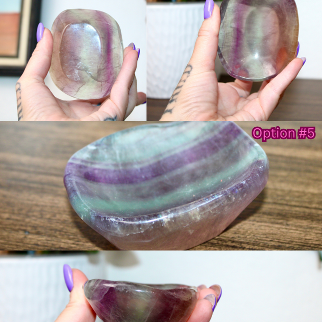This Fluorite Bowl is made from genuine natural stone and showcases the beautiful color banding and clarity typical of fluorite. Ranging from soft greens to deep purples, each bowl is uniquely patterned and polished to a smooth, glossy finish.
