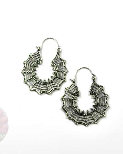 Silver Brass Spiderweb Hanger Earrings – Suitable for Standard Piercings or Stretched Ears