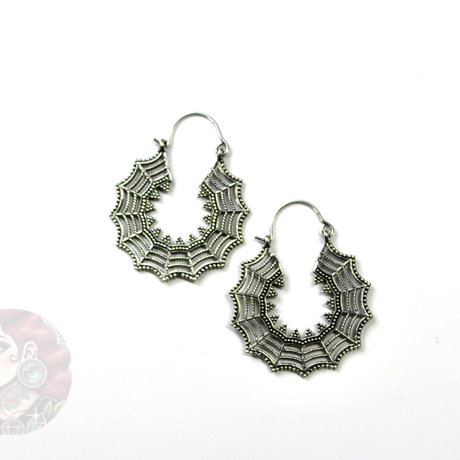 Silver Brass Spiderweb Hanger Earrings – Suitable for Standard Piercings or Stretched Ears
