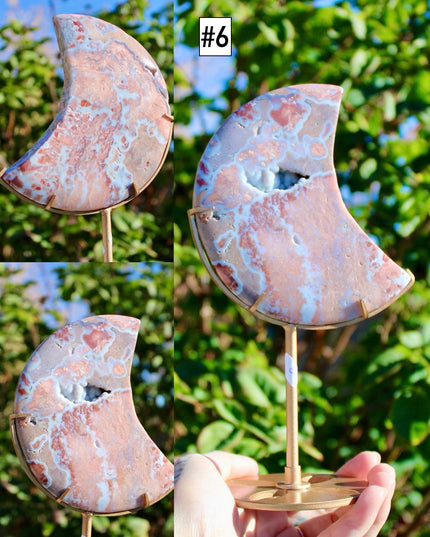 Cotton Candy Agate Moon Carvings – Pink and White Stone Moons on Gold Display Stands, Polished Agate Decorative Pieces, You Pick Your Exact Moon