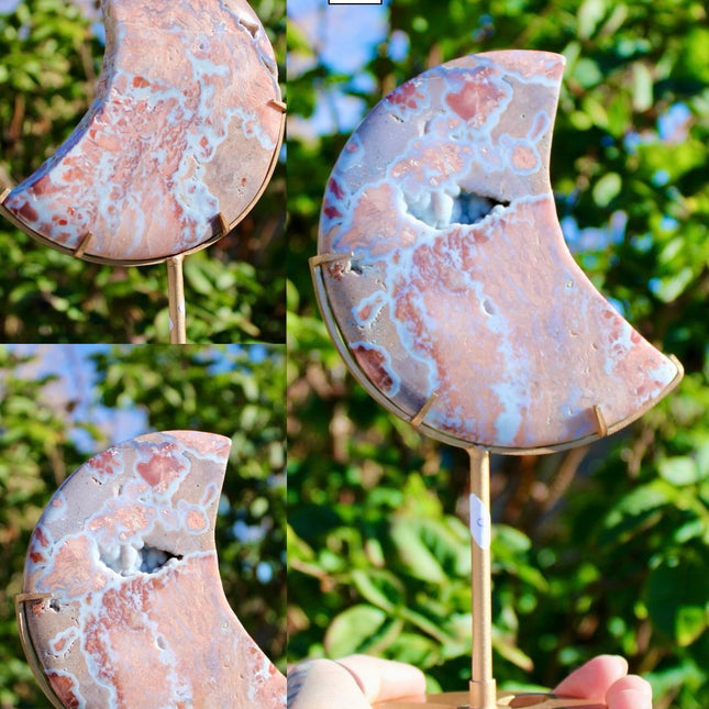 Cotton Candy Agate Moon Carvings – Pink and White Stone Moons on Gold Display Stands, Polished Agate Decorative Pieces, You Pick Your Exact Moon