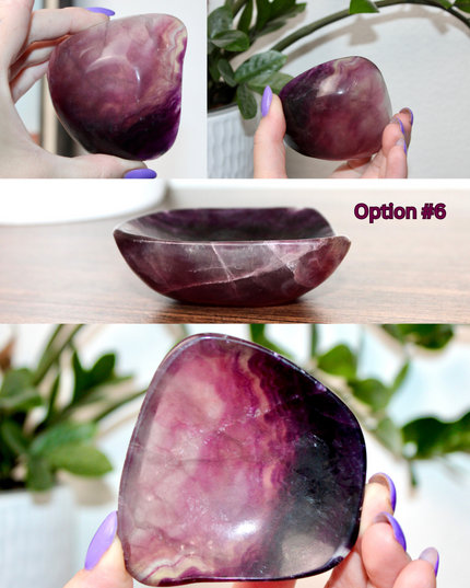 This Fluorite Bowl is made from genuine natural stone and showcases the beautiful color banding and clarity typical of fluorite. Ranging from soft greens to deep purples, each bowl is uniquely patterned and polished to a smooth, glossy finish.

