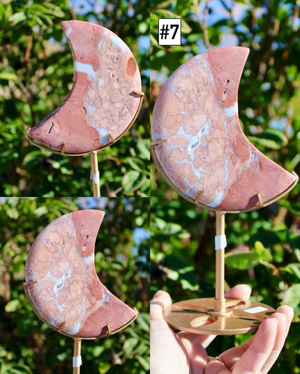 Cotton Candy Agate Moon Carvings – Pink and White Stone Moons on Gold Display Stands, Polished Agate Decorative Pieces, You Pick Your Exact Moon