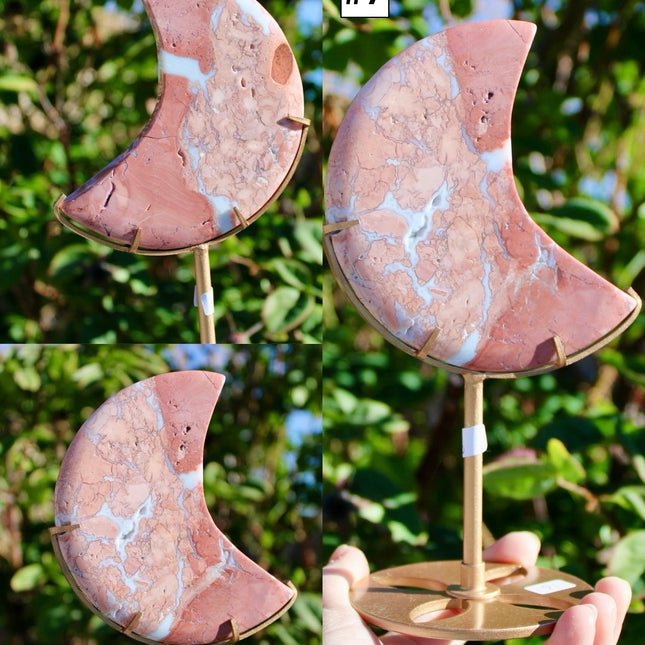 Cotton Candy Agate Moon Carvings – Pink and White Stone Moons on Gold Display Stands, Polished Agate Decorative Pieces, You Pick Your Exact Moon