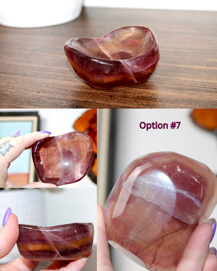 This Fluorite Bowl is made from genuine natural stone and showcases the beautiful color banding and clarity typical of fluorite. Ranging from soft greens to deep purples, each bowl is uniquely patterned and polished to a smooth, glossy finish.
