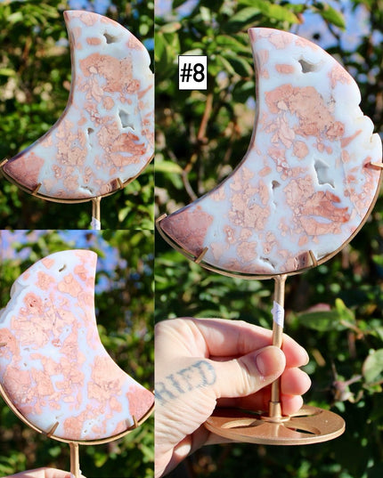 Cotton Candy Agate Moon Carvings – Pink and White Stone Moons on Gold Display Stands, Polished Agate Decorative Pieces, You Pick Your Exact Moon