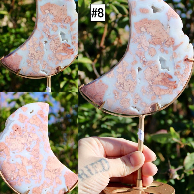 Cotton Candy Agate Moon Carvings – Pink and White Stone Moons on Gold Display Stands, Polished Agate Decorative Pieces, You Pick Your Exact Moon