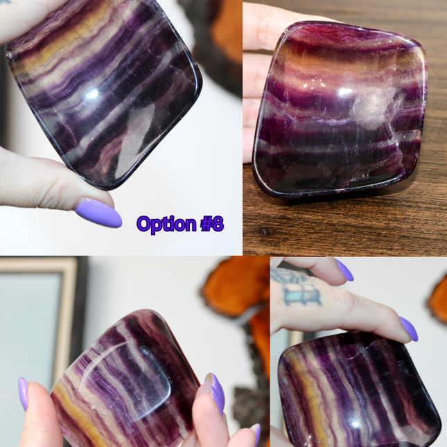 This Fluorite Bowl is made from genuine natural stone and showcases the beautiful color banding and clarity typical of fluorite. Ranging from soft greens to deep purples, each bowl is uniquely patterned and polished to a smooth, glossy finish.
