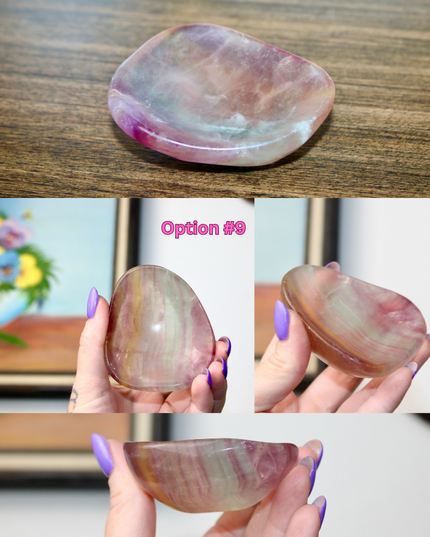 This Fluorite Bowl is made from genuine natural stone and showcases the beautiful color banding and clarity typical of fluorite. Ranging from soft greens to deep purples, each bowl is uniquely patterned and polished to a smooth, glossy finish.
