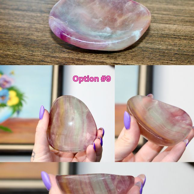 This Fluorite Bowl is made from genuine natural stone and showcases the beautiful color banding and clarity typical of fluorite. Ranging from soft greens to deep purples, each bowl is uniquely patterned and polished to a smooth, glossy finish.
