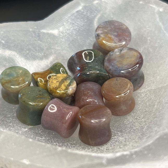 A beautifully varied pair of Rainbow Indian Agate Plugs rests on a natural-toned background, each plug showcasing its own unique mix of earthy colors. From deep forest green and mossy olive to warm rust, cream, and occasional hints of burgundy or gray, the natural banding and marbling of the stone give these plugs a one-of-a-kind character. The polished surface brings out the rich tones and subtle textures of the agate. Shaped with a comfortable, secure double flare, these plugs are perfect for those who ap