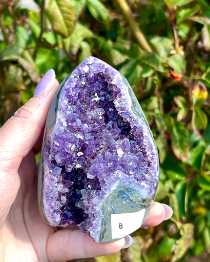 A stunning Amethyst Druzy Cluster Geode Cathedral stands tall with a graceful, arched silhouette reminiscent of gothic architecture. The front face reveals a deep cavern densely lined with sparkling violet and lavender druzy crystals, each point catching the light to create a glittering, celestial effect. The interior displays rich gradients of purple, fading into soft quartz and smoky undertones near the edges. 