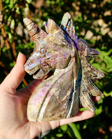 Rainbow Aura Sphalerite Unicorn Stone Carving – Polished Crystal Unicorn Display Piece