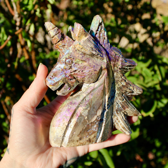 Rainbow Aura Sphalerite Unicorn Stone Carving – Polished Crystal Unicorn Display Piece