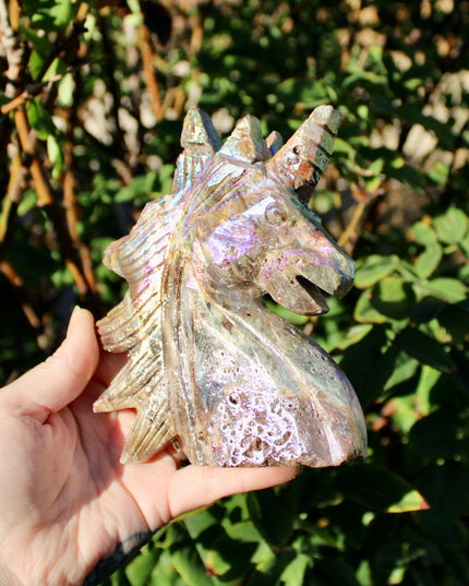 Rainbow Aura Sphalerite Unicorn Stone Carving – Polished Crystal Unicorn Display Piece