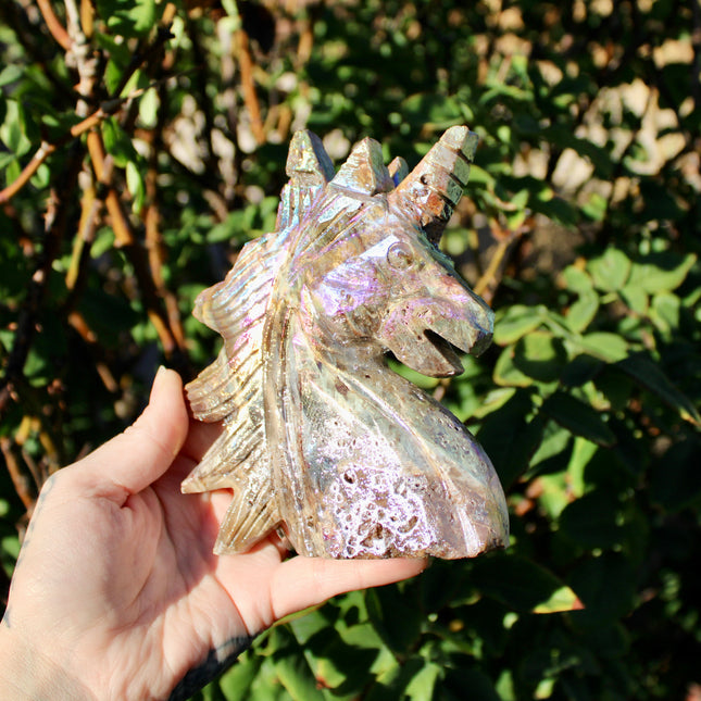 Rainbow Aura Sphalerite Unicorn Stone Carving – Polished Crystal Unicorn Display Piece