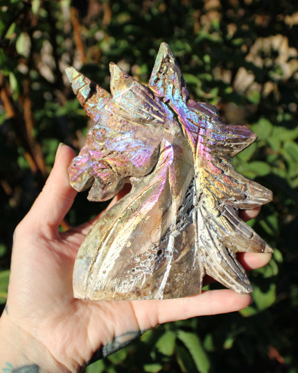 Rainbow Aura Sphalerite Unicorn Stone Carving – Polished Crystal Unicorn Display Piece