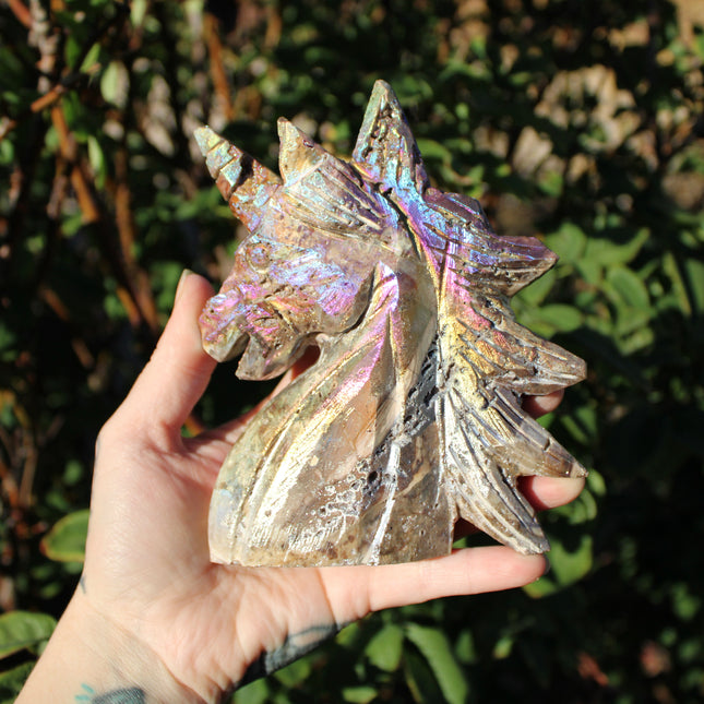 Rainbow Aura Sphalerite Unicorn Stone Carving – Polished Crystal Unicorn Display Piece