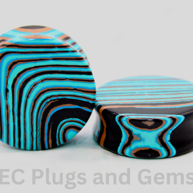 Blue Malachite Double Flare Stone Plugs - Striped Blue Gauge PAIR 3mm-32mm