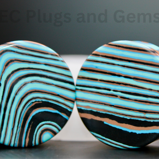 Blue Malachite Double Flare Stone Plugs - Striped Blue Gauge PAIR 3mm-32mm