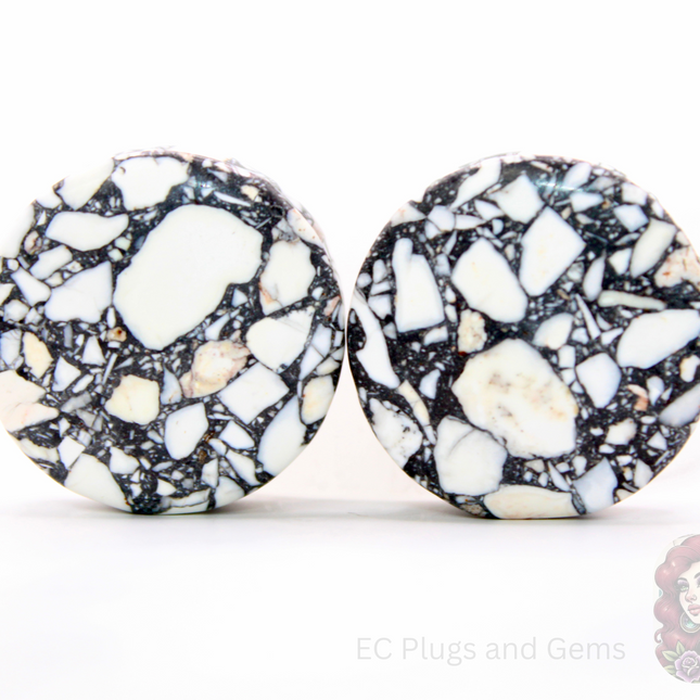 Howlite Stone Plugs - Black and White Marbled Gauges Double Flare Pair - EC Plugs