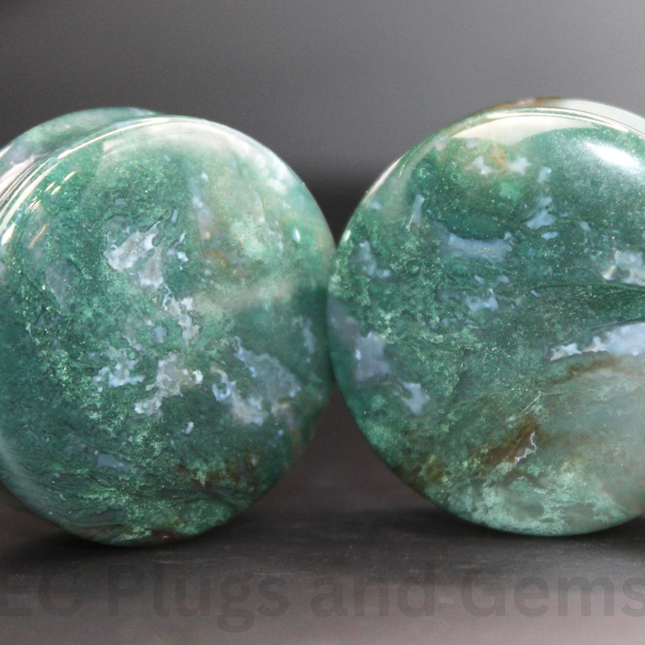 Moss Agate Plugs - "A" Grade Double Flare Pair Stone Green Gauges - EC Plugs